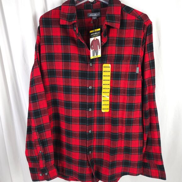 NWT Eddie Bauer Mens Medium Red Black Plaid Flannel Long Sleeve Button Up Shirt - Picture 1 of 7